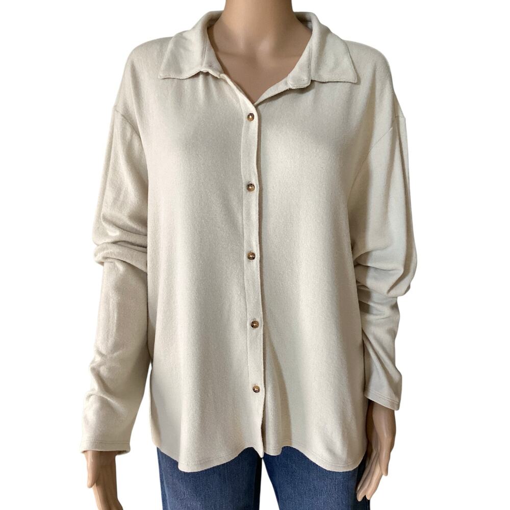 Open Edit Relaxed Fit Long Sleeve Stretchable Knit Button-Up Shirt size 1X beige